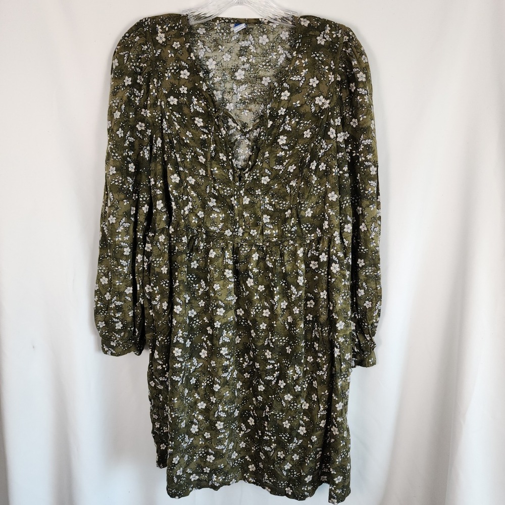 Old Navy Womens Floral Long Sleeve Popover Mini Dress Olive Green‎ Boho